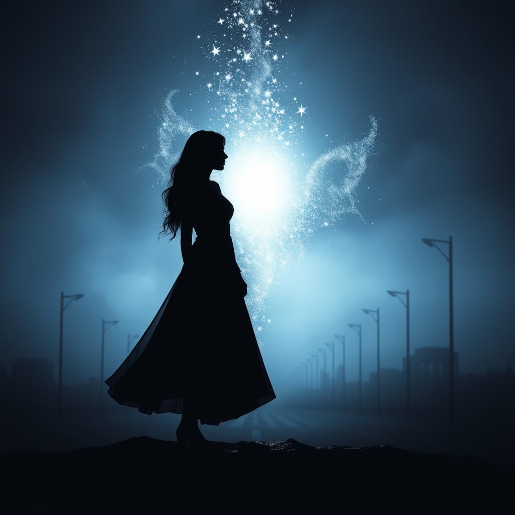 A dark, ethereal book cover design for a metaphysical novel, featuring a striking silhouette of a woman standing at a cosmic crossroads