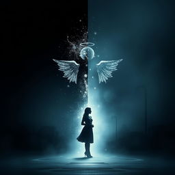 A dark, ethereal book cover design for a metaphysical novel, featuring a striking silhouette of a woman standing at a cosmic crossroads