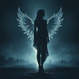 A dark, ethereal book cover design for a metaphysical novel, featuring a striking silhouette of a woman standing at a cosmic crossroads
