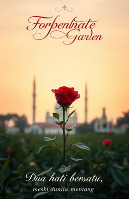 A forbidden garden with an elegant, single red rose in full bloom at its center, surrounded by subtle symbols of different cultures, including a mosque and a church in the distance