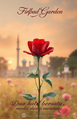 A forbidden garden with an elegant, single red rose in full bloom at its center, surrounded by subtle symbols of different cultures, including a mosque and a church in the distance