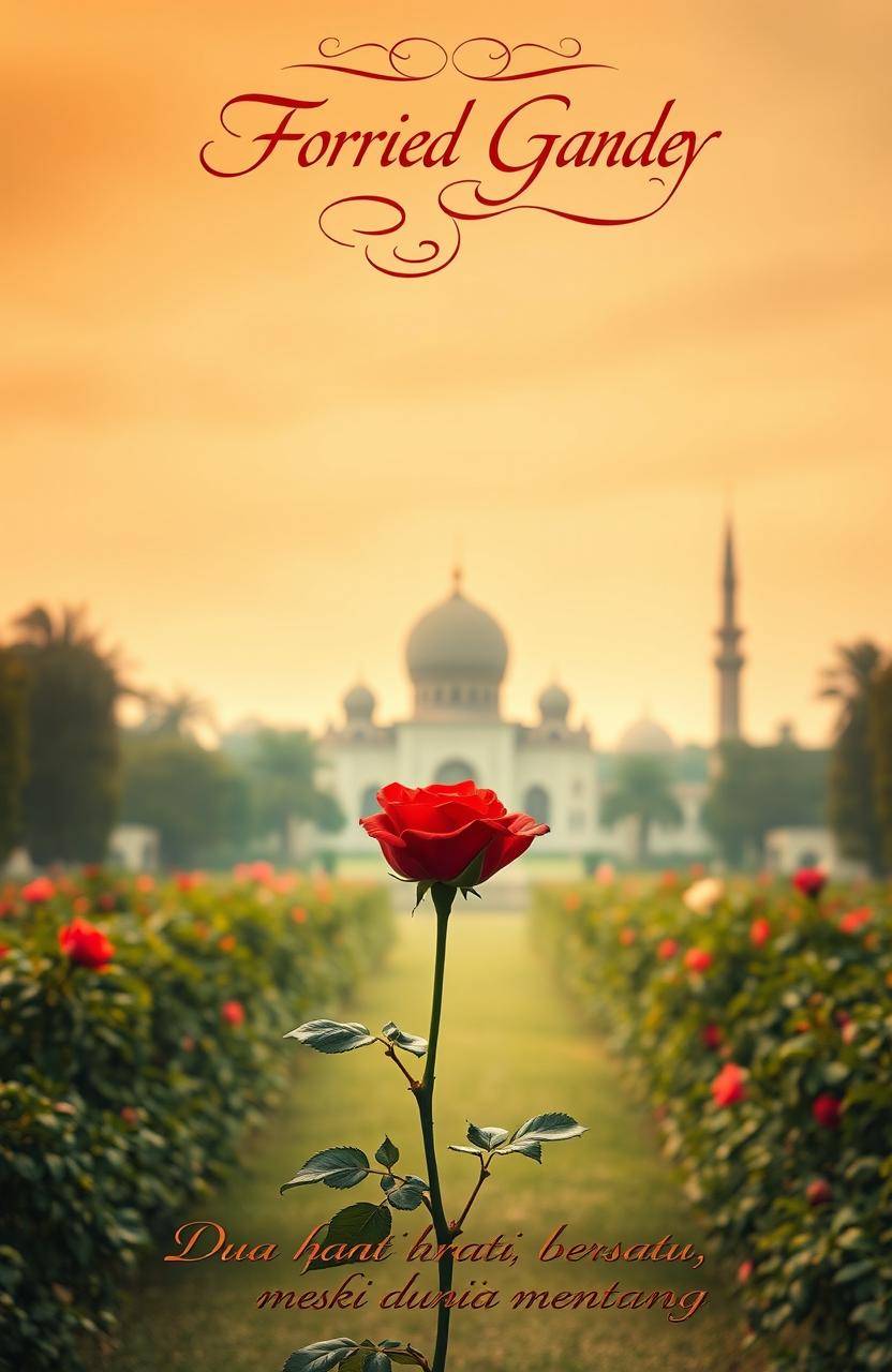 A forbidden garden with an elegant, single red rose in full bloom at its center, surrounded by subtle symbols of different cultures, including a mosque and a church in the distance