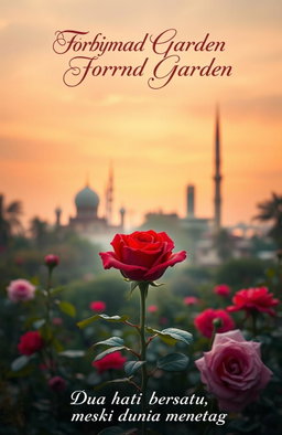 A forbidden garden with an elegant, single red rose in full bloom at its center, surrounded by subtle symbols of different cultures, including a mosque and a church in the distance