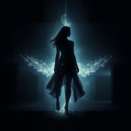 A captivating dark, ethereal book cover design for a metaphysical novel, portraying a silhouette of a woman poised at a cosmic crossroads