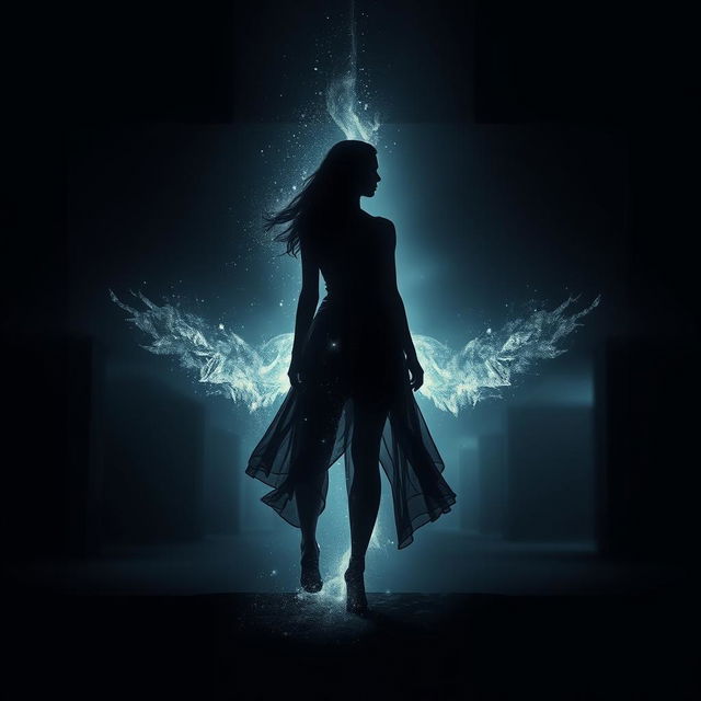 A captivating dark, ethereal book cover design for a metaphysical novel, portraying a silhouette of a woman poised at a cosmic crossroads