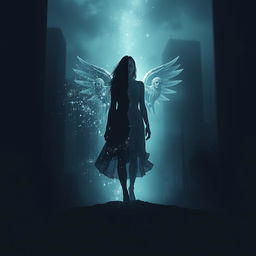 A captivating dark, ethereal book cover design for a metaphysical novel, portraying a silhouette of a woman poised at a cosmic crossroads