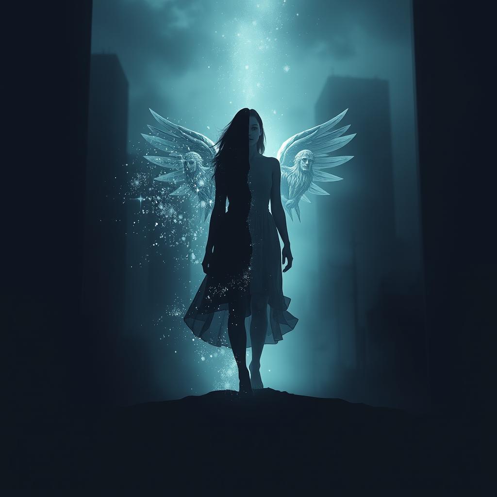 A captivating dark, ethereal book cover design for a metaphysical novel, portraying a silhouette of a woman poised at a cosmic crossroads