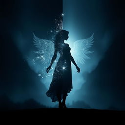 A captivating dark, ethereal book cover design for a metaphysical novel, portraying a silhouette of a woman poised at a cosmic crossroads