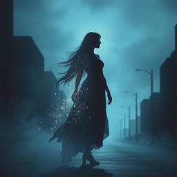 A captivating dark, ethereal book cover design for a metaphysical novel, portraying a silhouette of a woman poised at a cosmic crossroads