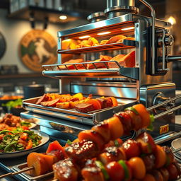 A detailed and realistic depiction of a kebab-making machine, showcasing its intricate mechanics and design