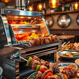 A detailed and realistic depiction of a kebab-making machine, showcasing its intricate mechanics and design