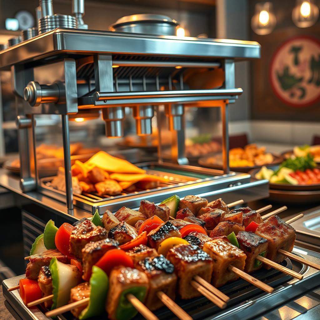 A detailed and realistic depiction of a kebab-making machine, showcasing its intricate mechanics and design