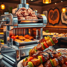 A detailed and realistic depiction of a kebab-making machine, showcasing its intricate mechanics and design