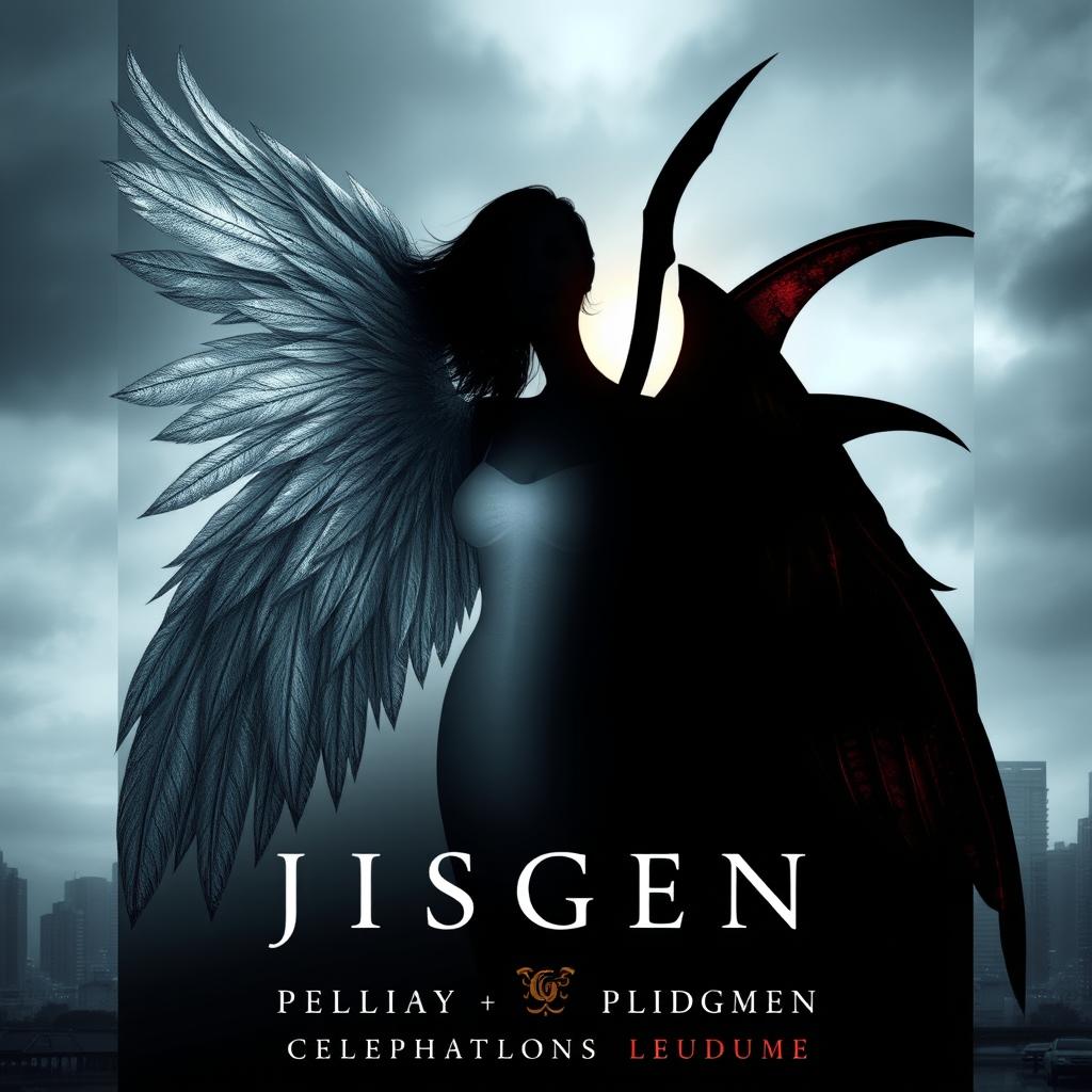 A captivating dark metaphysical book cover design, featuring a central silhouette of a woman with a transparent body, elegantly split between light and shadow