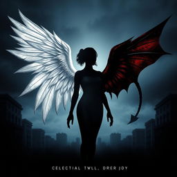 A captivating dark metaphysical book cover design, featuring a central silhouette of a woman with a transparent body, elegantly split between light and shadow