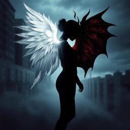 A captivating dark metaphysical book cover design, featuring a central silhouette of a woman with a transparent body, elegantly split between light and shadow