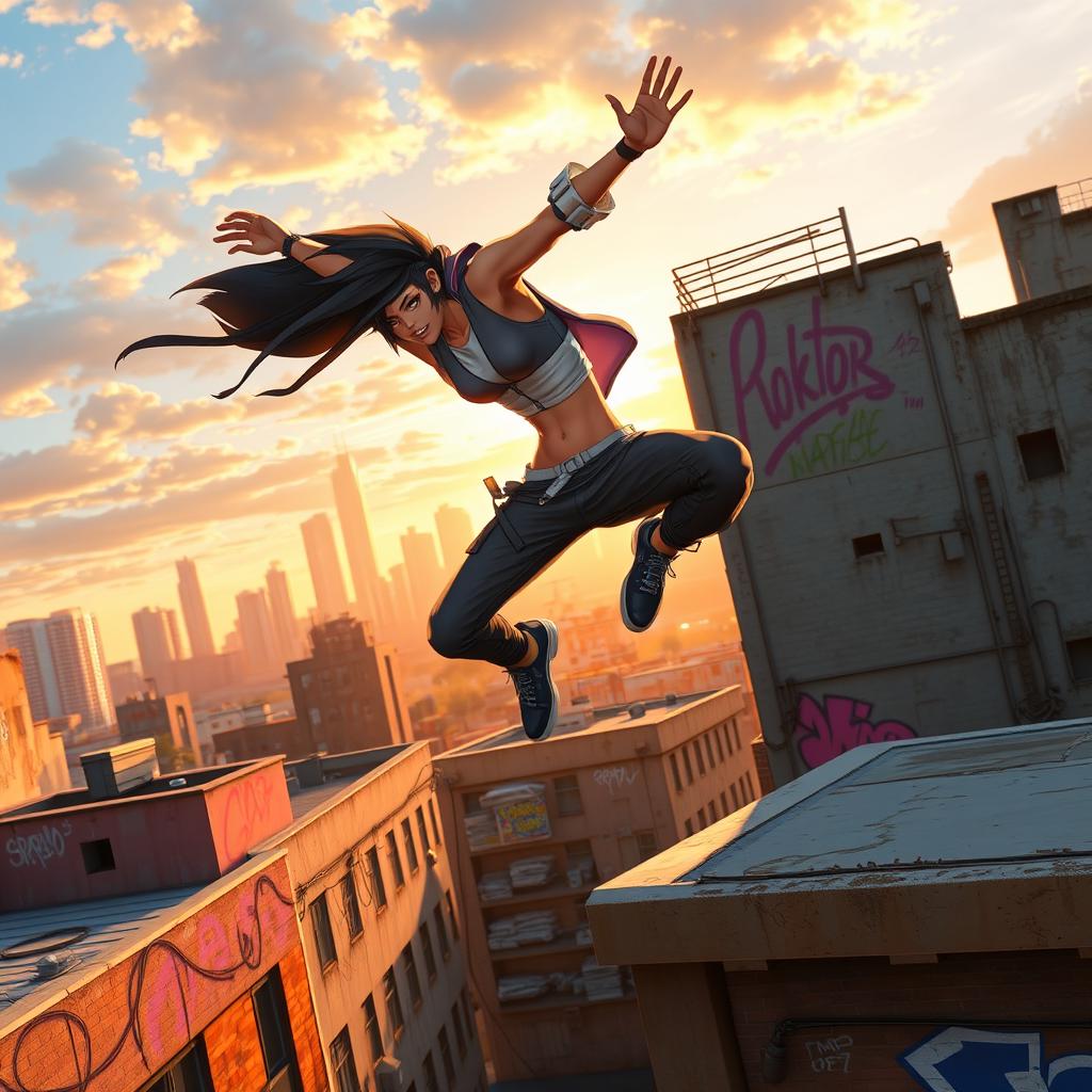 A dynamic scene of a skilled character performing parkour in an urban environment, showcasing their agility and athleticism