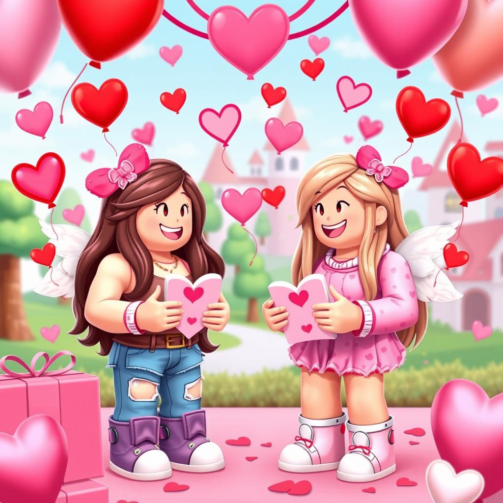 A vibrant and colorful Roblox-themed Valentine’s scene, featuring Roblox avatars exchanging heartfelt gifts and cards