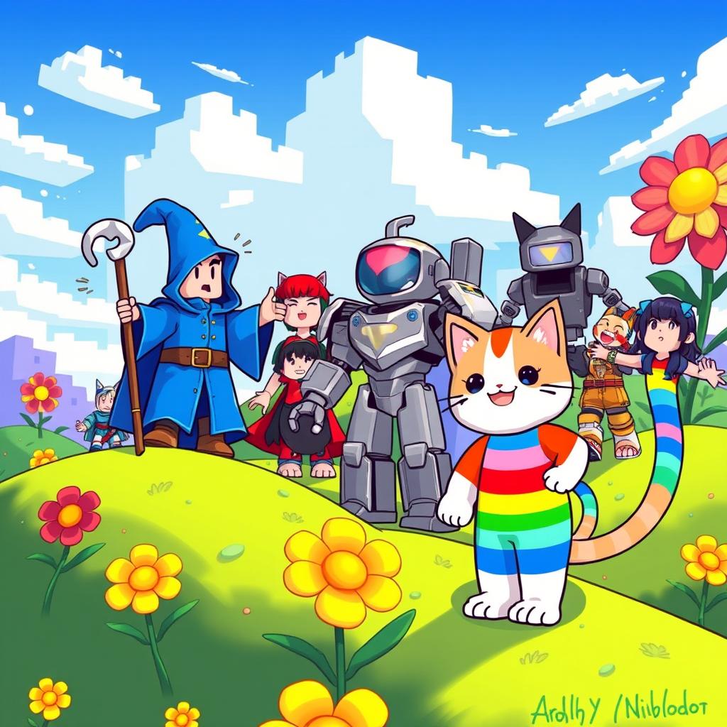 A vibrant illustration of various Roblox characters interacting in a colorful, blocky world