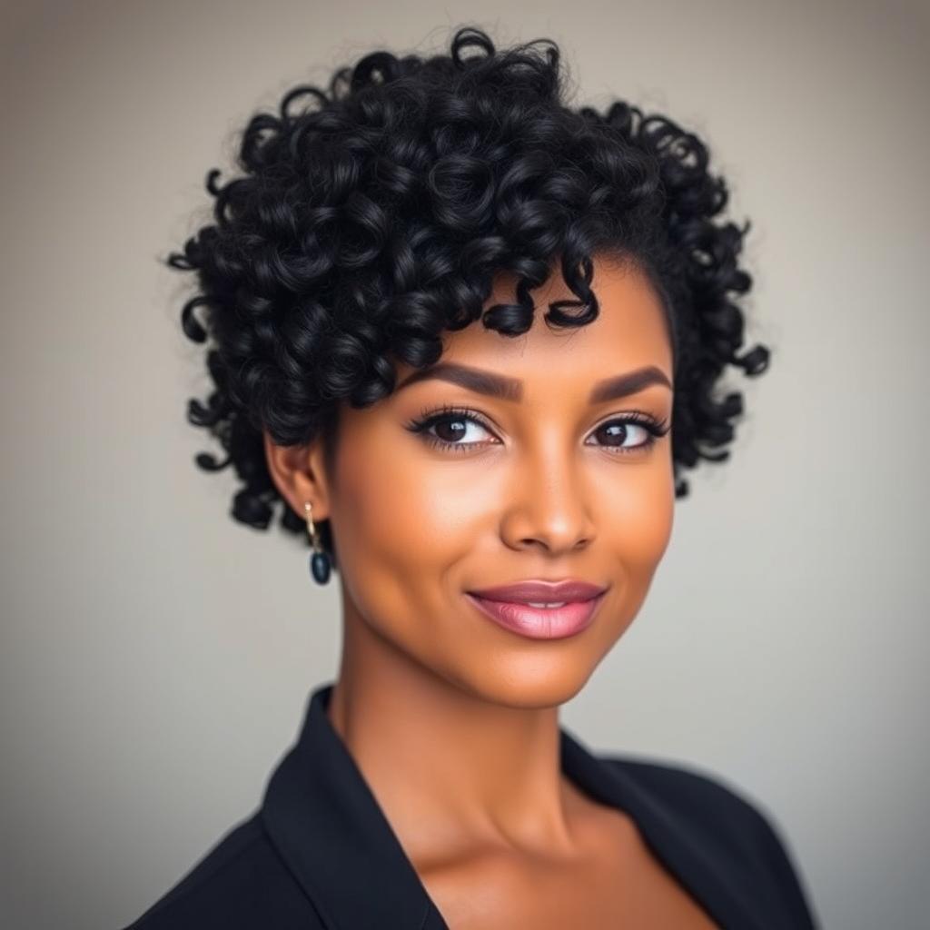 A woman with a curly pixie cut hairstyle, featuring defined 2c curls that are voluminous and textured, colored black