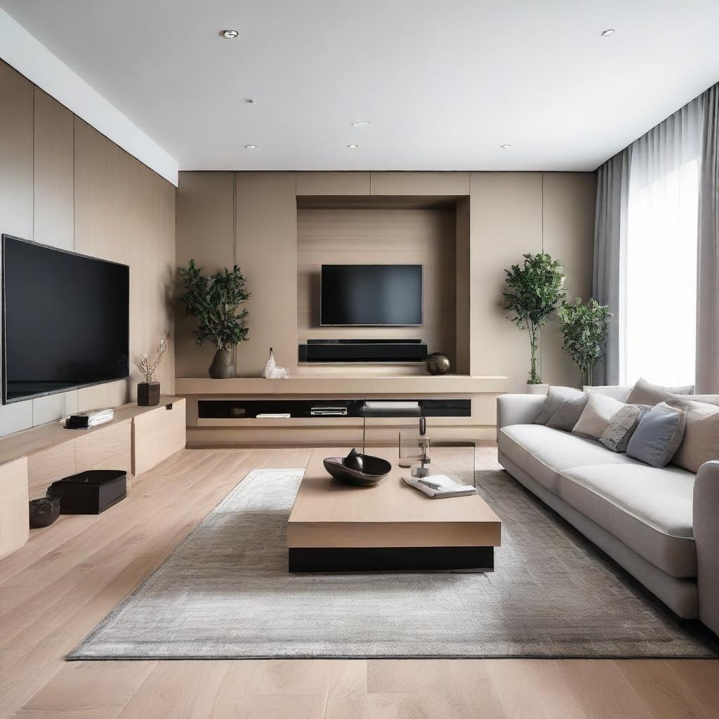 A well-lit modern living room with stylish furniture, a state-of-the-art television unit, comfortable seating area, and an adjacent tastefully decorated dining room.