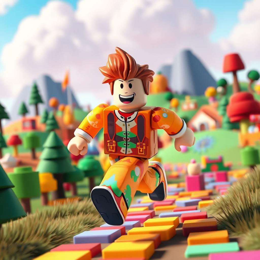 A dynamic scene capturing a Roblox character in motion, sprinting energetically across a vibrant, blocky landscape filled with colorful trees, hills, and playful elements