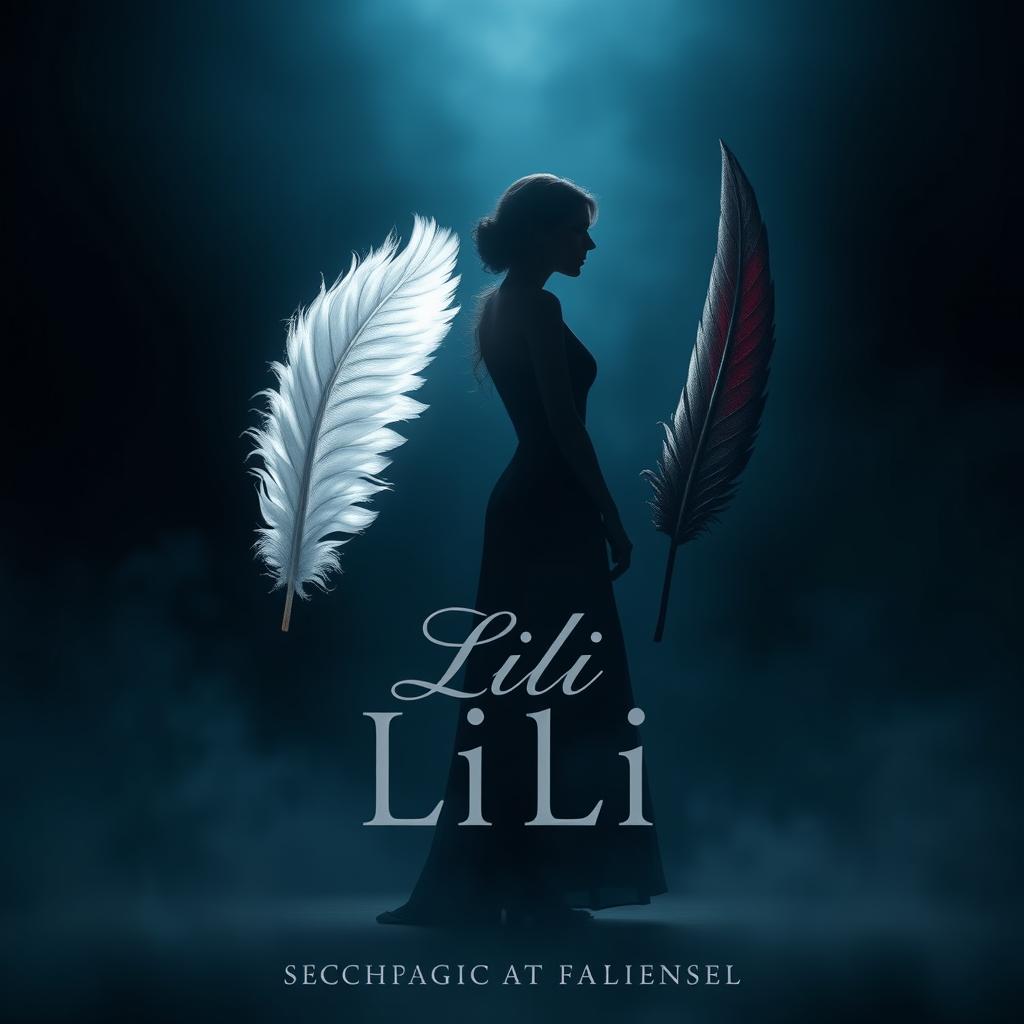 An enchanting book cover design for a metaphysical novel, featuring a silhouette of a woman named Lili standing in profile, slightly off-center with her back turned