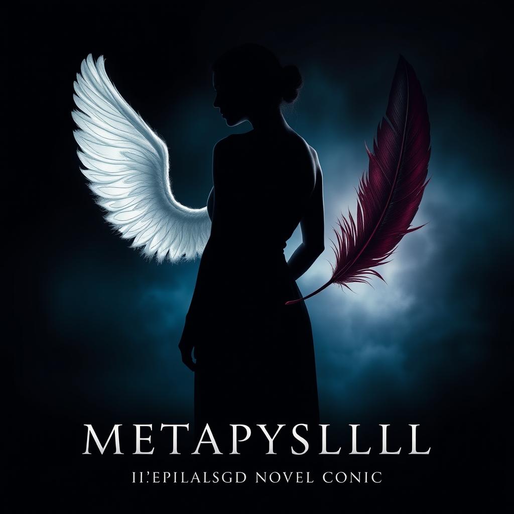 An evocative book cover design for a metaphysical novel, featuring a silhouette of a woman standing in profile, her back turned and slightly off-center against a dark atmospheric background that transitions from deep blue to black
