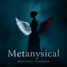 An evocative book cover design for a metaphysical novel, featuring a silhouette of a woman standing in profile, her back turned and slightly off-center against a dark atmospheric background that transitions from deep blue to black