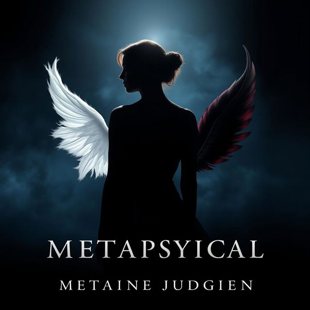 An evocative book cover design for a metaphysical novel, featuring a silhouette of a woman standing in profile, her back turned and slightly off-center against a dark atmospheric background that transitions from deep blue to black
