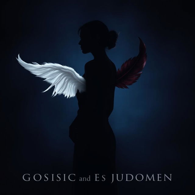 A striking silhouette of a woman standing in profile, her back turned and slightly off-center against a dark atmospheric background that transitions smoothly from deep blue to black