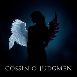 A striking silhouette of a woman standing in profile, her back turned and slightly off-center against a dark atmospheric background that transitions smoothly from deep blue to black