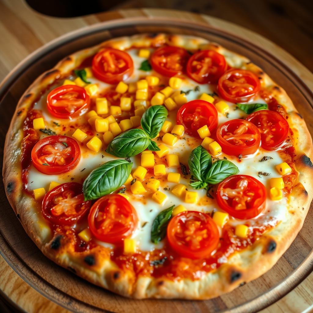 A deliciously baked pizza topped with juicy, vibrant red tomatoes and sweet, golden corn kernels that create a perfect combination