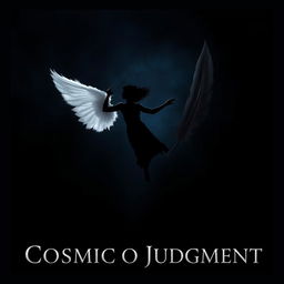 A captivating image of a silhouette of a woman falling through the air, positioned slightly off-center against a dark atmospheric background that transitions from deep blue to black