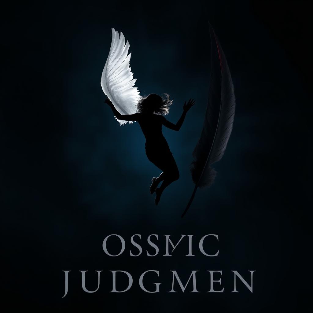 A captivating image of a silhouette of a woman falling through the air, positioned slightly off-center against a dark atmospheric background that transitions from deep blue to black
