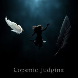 A captivating image of a silhouette of a woman falling through the air, positioned slightly off-center against a dark atmospheric background that transitions from deep blue to black