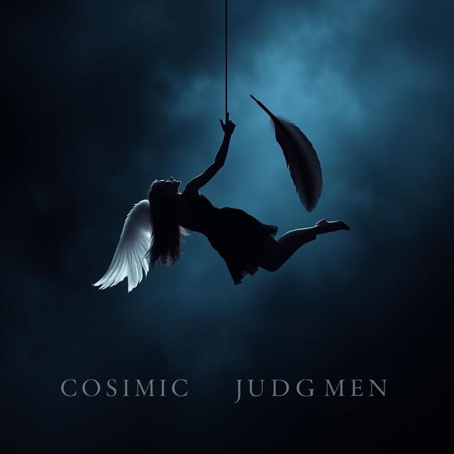 A captivating image of a silhouette of a woman falling through the air, positioned slightly off-center against a dark atmospheric background that transitions from deep blue to black