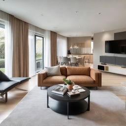 A well-lit modern living room with stylish furniture, a state-of-the-art television unit, comfortable seating area, and an adjacent tastefully decorated dining room.