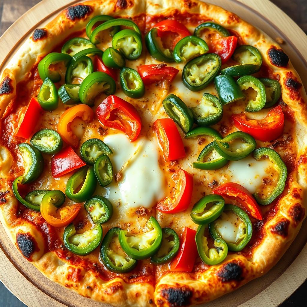A mouth-watering, perfectly baked pizza featuring a golden-brown, crispy crust with a satisfying char around the edges