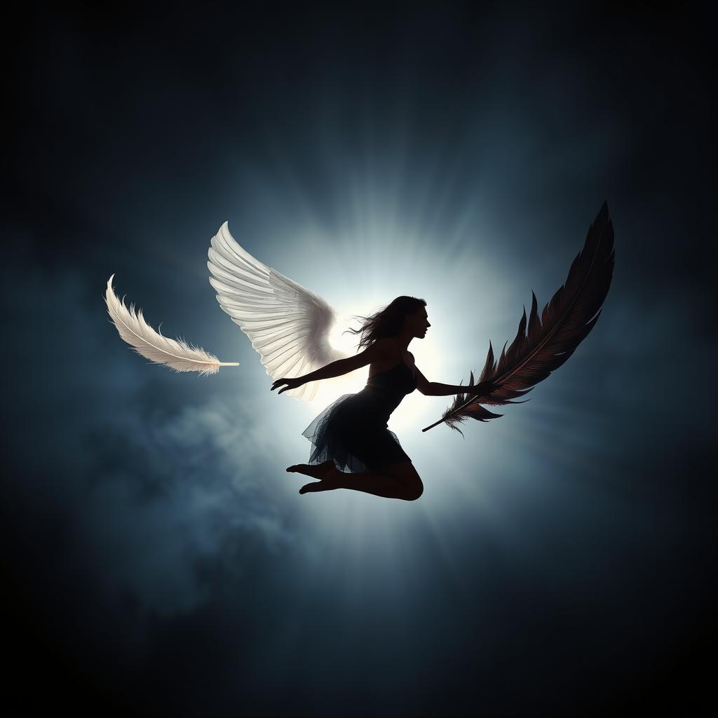 A mesmerizing image of a silhouette of a woman falling through the air, illuminated by light behind her against a dark atmospheric background that transitions from deep blue to grey-black