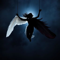 A mesmerizing image of a silhouette of a woman falling through the air, illuminated by light behind her against a dark atmospheric background that transitions from deep blue to grey-black