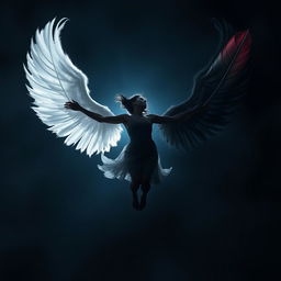 A mesmerizing image of a silhouette of a woman falling through the air, illuminated by light behind her against a dark atmospheric background that transitions from deep blue to grey-black