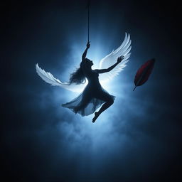 A mesmerizing image of a silhouette of a woman falling through the air, illuminated by light behind her against a dark atmospheric background that transitions from deep blue to grey-black