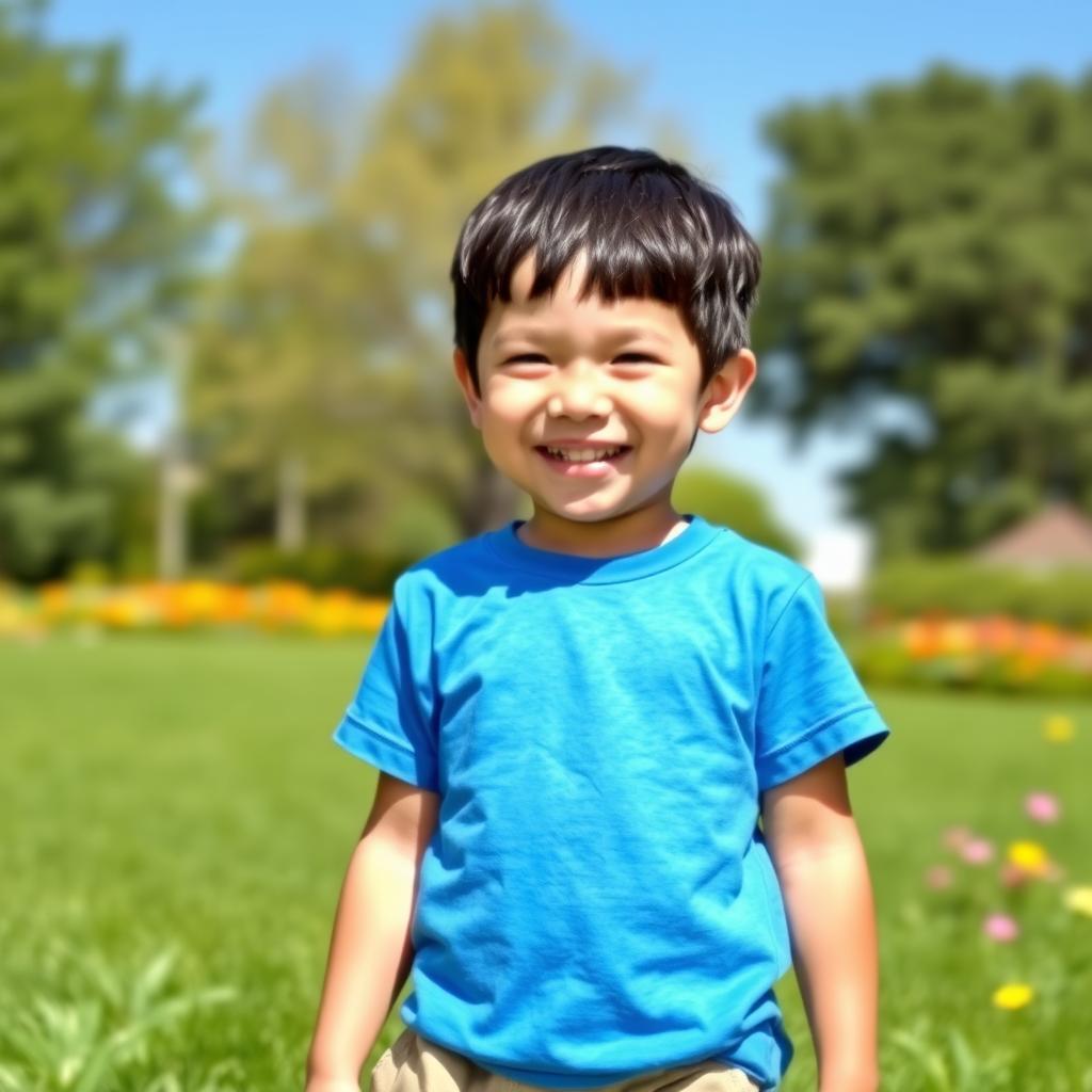 A young boy with short black hair and a cheerful expression, wearing a bright blue short-sleeve t-shirt, standing in a sunlit park