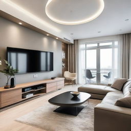 A well-lit modern living room with stylish furniture, a state-of-the-art television unit, comfortable seating area, and an adjacent tastefully decorated dining room.