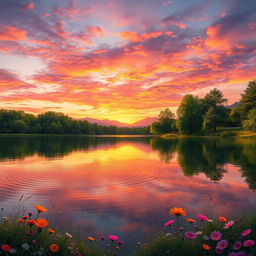 A hyper-realistic portrait of a serene landscape, featuring a calm lake reflecting a stunning sunset with vibrant oranges, pinks, and purples in the sky