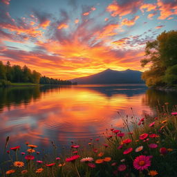 A hyper-realistic portrait of a serene landscape, featuring a calm lake reflecting a stunning sunset with vibrant oranges, pinks, and purples in the sky