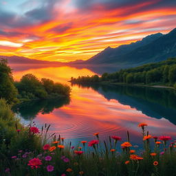 A hyper-realistic portrait of a serene landscape, featuring a calm lake reflecting a stunning sunset with vibrant oranges, pinks, and purples in the sky