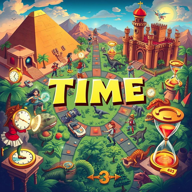 A vibrant and imaginative illustration of a 'time game' concept, where players engage in a thrilling competition through different eras in history