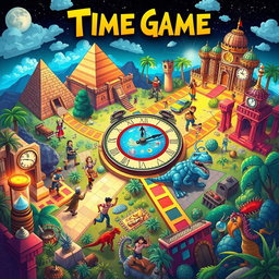 A vibrant and imaginative illustration of a 'time game' concept, where players engage in a thrilling competition through different eras in history